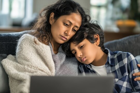 Concerned Mother and Sick Son in a Telehealth Consultation