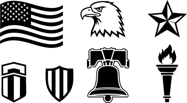 American flag eagle star liberty bell torch shield patriotic symbols vector collection illustration
