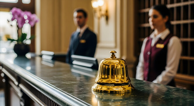 Golden service bell on a luxurious hotel reception desk with professional staff in the background, ready to assist guests.