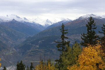 Forêt d’automne à Crans-Montana avec montagnes enneigées