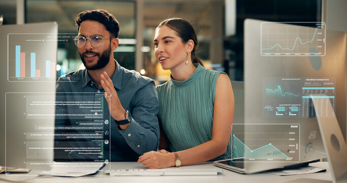 Stock exchange, overlay or business people with computer for data analysis, late market research or teamwork. Investment growth, pc or brokers talk for trade choice, revenue charts or graphs at night - Powered by Adobe