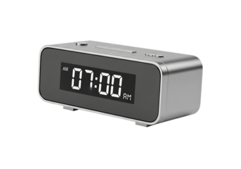 Sleek silver modern digital alarm clock displaying 07:00 am, perfect for waking up