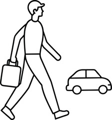 Traveler Walking with Suitcase Minimal Line Art Drawing Vector Illustration