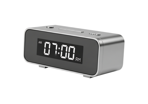 Sleek silver modern digital alarm clock displaying 07:00 am, perfect for waking up