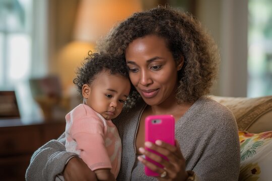 African American Mother and Baby Using a Smartphone for a Telehealth Call - Powered by Adobe