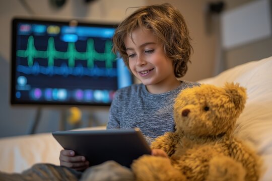 Boy in Hospital Bed Using a Tablet for a Telehealth Consultation - Powered by Adobe