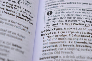 Obraz premium English Definition Dictionary Page Close Up Of Printed Word Of -bevel
