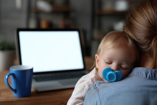 Mother Holds Her Sleeping Baby After a Telehealth Consultation