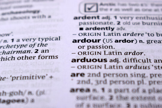 Close Up Of English Dictionary Page With Word - ardour