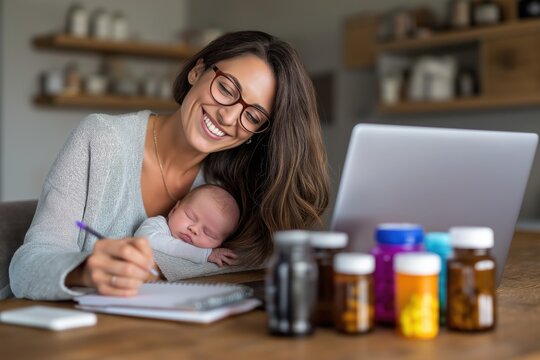 Mother with Newborn Manages Telehealth Prescriptions from Home