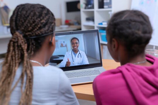 Two Girls in a Telehealth Consultation with a Black Female Doctor
