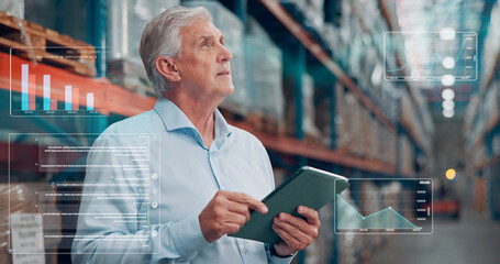 Thinking, overlay and logistics manager in warehouse with tablet for online order information. Digital technology, hologram and mature male supply chain employee with data, statistics or graphs.
