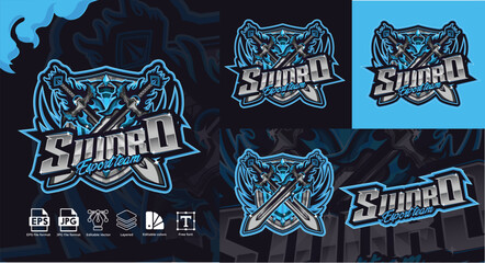 Epic sword mascot logo design for e-sports teams. futuristic bold swords typography shield emblem template in blue & silver crossed swords with flames, metallic style. © Graphic Design
