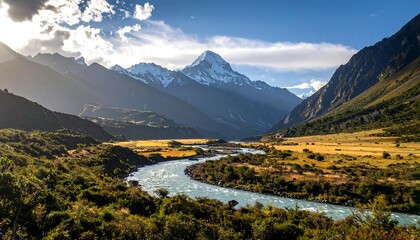 A winding river flows through a valley towards snow-capped mountains under a partly cloudy, bright sky