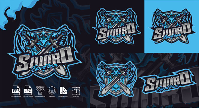 Epic sword mascot logo design for e-sports teams. futuristic bold swords typography shield emblem template in blue & silver crossed swords with flames, metallic style.