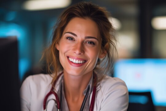 Experienced Female Doctor Smiling During a Late-Night Telehealth Shift