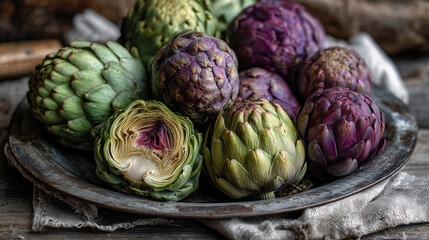 Fototapeta premium Fresh purple and green artichokes arranged on a rustic metal plate, with some cut in half to reveal their layered structure and tender heart. 