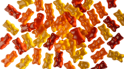 Colorful gummy bear candies scattered on a transparent background isolated on transparent background