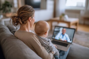 Mother Holding Baby While Attending a Telehealth Appointment from Home