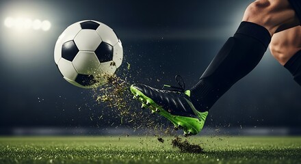 Close-up of a Leg in a Boot Kicking Football Ball. Professional Soccer Player Hits with Fierce Power, Scores Goal, Grass Flying. Football Championship Concept. Low Angle Ground Artistic Shot.