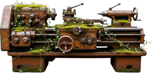 An antique rusty metal lathe machine overgrown with moss and green vines showcasing industrial decay and nature's reclamation vintage equipment machinery