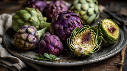 Obraz premium Fresh purple and green artichokes arranged on a rustic metal plate, with some cut in half to reveal their layered structure and tender heart. 