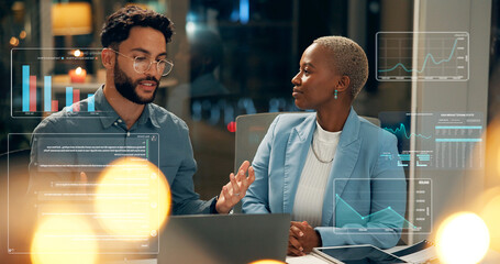 Stock exchange, night or business people with laptop for data analysis, market research or teamwork. Investment growth, bokeh or brokers talk with tech for late trade choice, charts or graphs overlay