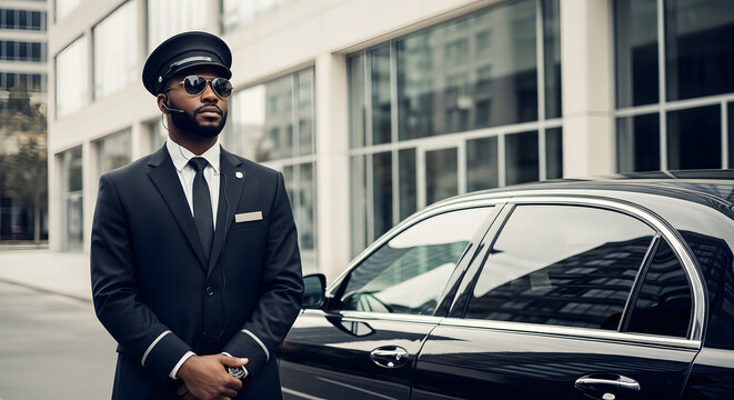 Professional hotel chauffeur stands beside a luxury sedan, ready for executive transport or guest service.