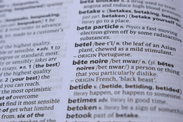 Fototapeta premium English Definition Dictionary Page Close Up Of Printed Word Of --betel