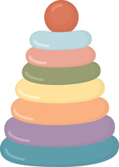 Illustration of classic children's toy with multicolored rings arranged by size. Bright pyramid isolated on white background