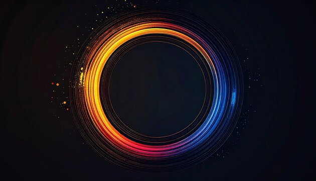 Abstract concentric circle with warm to cool colored rings and small dots on a dark gradient background