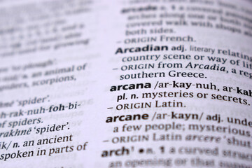 Close Up Of English Dictionary Page With Word - arcana