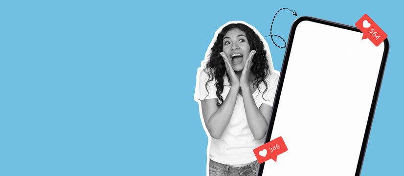 A young woman expresses joy and excitement as she checks her smartphone notifications, highlighting the fun of social media engagement. Bright blue background adds to the vibrant atmosphere.