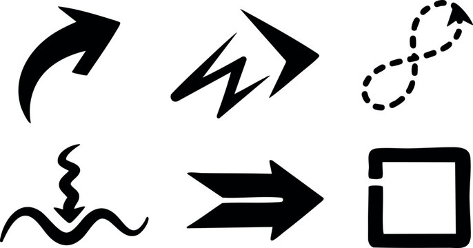 Abstract black arrow icons set with diverse shapes and directions vector design elements for creative use
