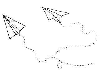 Flying paper plane icon vector. Paper airplane wing flying dotted line icon vector. Paper airplane, travel symbol. Flying airplane vector illustration.