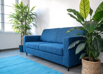 Modern Blue Sofa with Green Plant – Minimal Interior Design, Natural Light, 4K Realistic Look