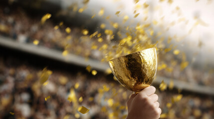 Golden trophy victory celebration confetti crowd