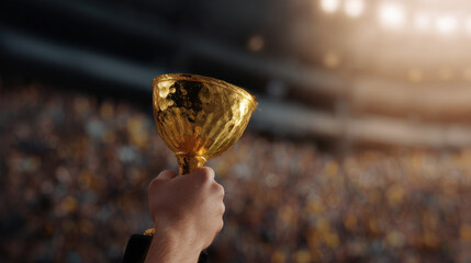 Gold trophy victory stadium crowd celebration with pride and joy