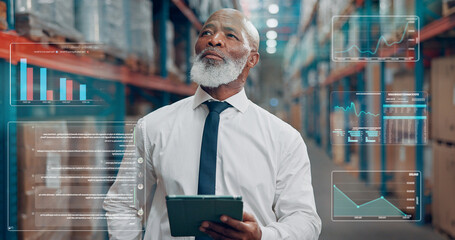 Thinking, overlay and black man in warehouse with tablet for online order information. Digital technology, supply chain and African mature person with ideas for delivery at factory with statistics.