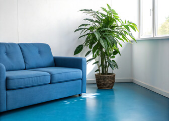 Modern Blue Sofa with Green Plant – Minimal Interior Design, Natural Light, 4K Realistic Look