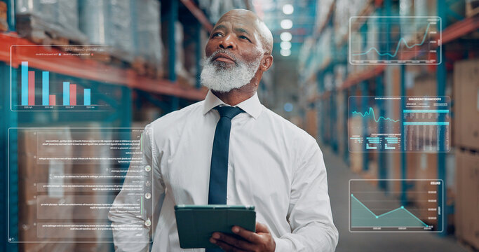 Thinking, overlay and black man in warehouse with tablet for online order information. Digital technology, supply chain and African mature person with ideas for delivery at factory with statistics.