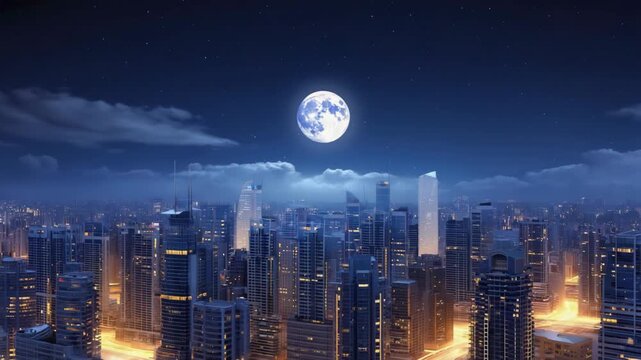Panoramic view of a sprawling city skyline at night under a full moon and starry sky with clouds