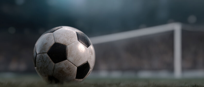 Soccer ball, penalty, goal, grass, stadium under foggy lights during tense moment