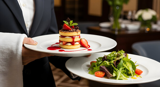 Gourmet Strawberry Cake and Fresh Salad Served by a Waiter in an Elegant Hotel Restaurant