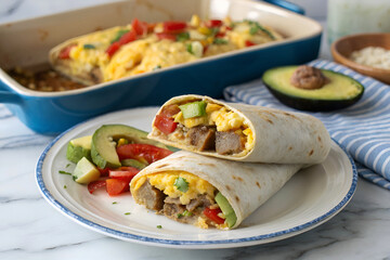 A close-up of a breakfast burrito filled with eggs, sausage, cheese, and peppers on a white-blue plate, served with avocado slices beside a cheesy casserole on a marble surface.
