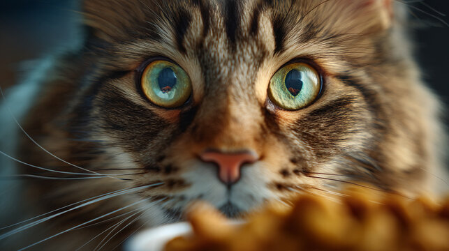 Close up of a tabby cat with green eyes and a pink nose looking at food in front of it intently