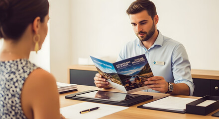 Professional hotel staff member assisting a guest with wellness and adventure packages at the reception desk, offering personalized travel information.