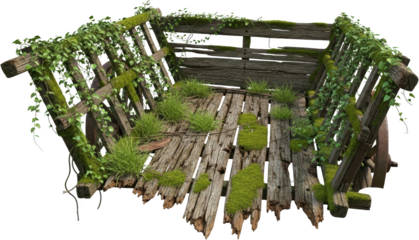 An overgrown weathered wooden cart interior covered in moss and green ivy with patches of grass growing on the floorboards Wagon Nature Rustic Decay Old