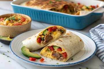 A close-up of a breakfast burrito filled with eggs, sausage, cheese, and peppers on a white-blue plate, served with avocado slices beside a cheesy casserole on a marble surface.