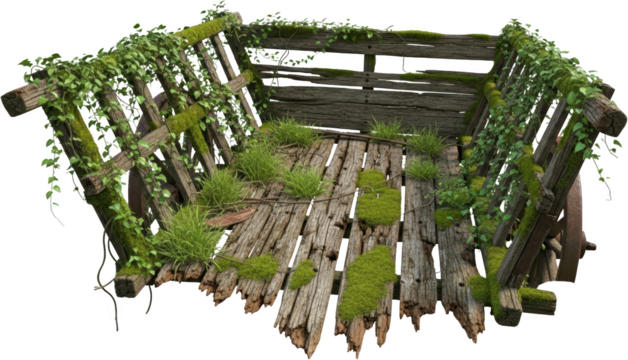 An overgrown weathered wooden cart interior covered in moss and green ivy with patches of grass growing on the floorboards Wagon Nature Rustic Decay Old